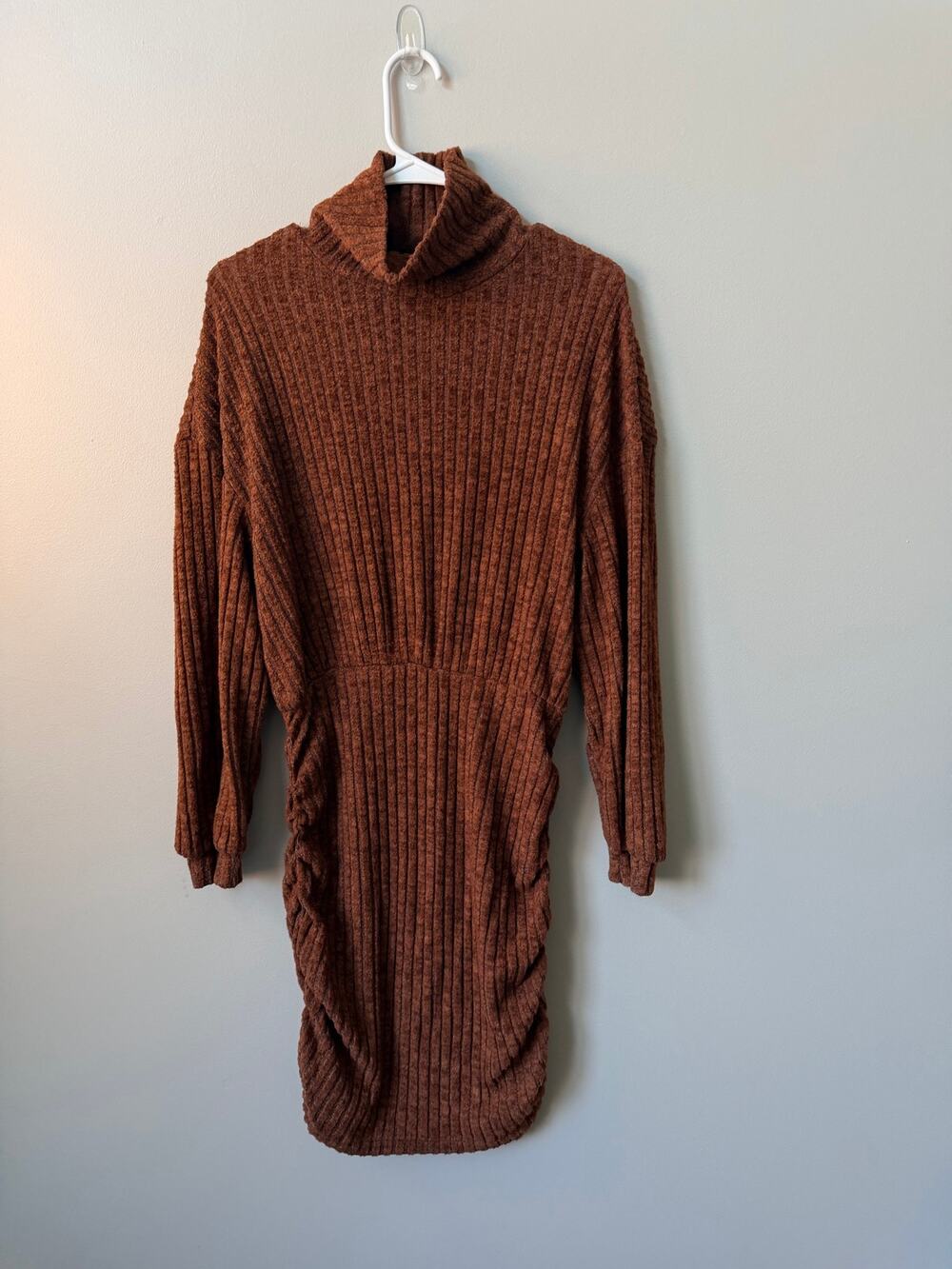 SHEIN Ribbed Turtleneck Ruched Bodycon Cozy Sweater Dress Rust Brown Size L